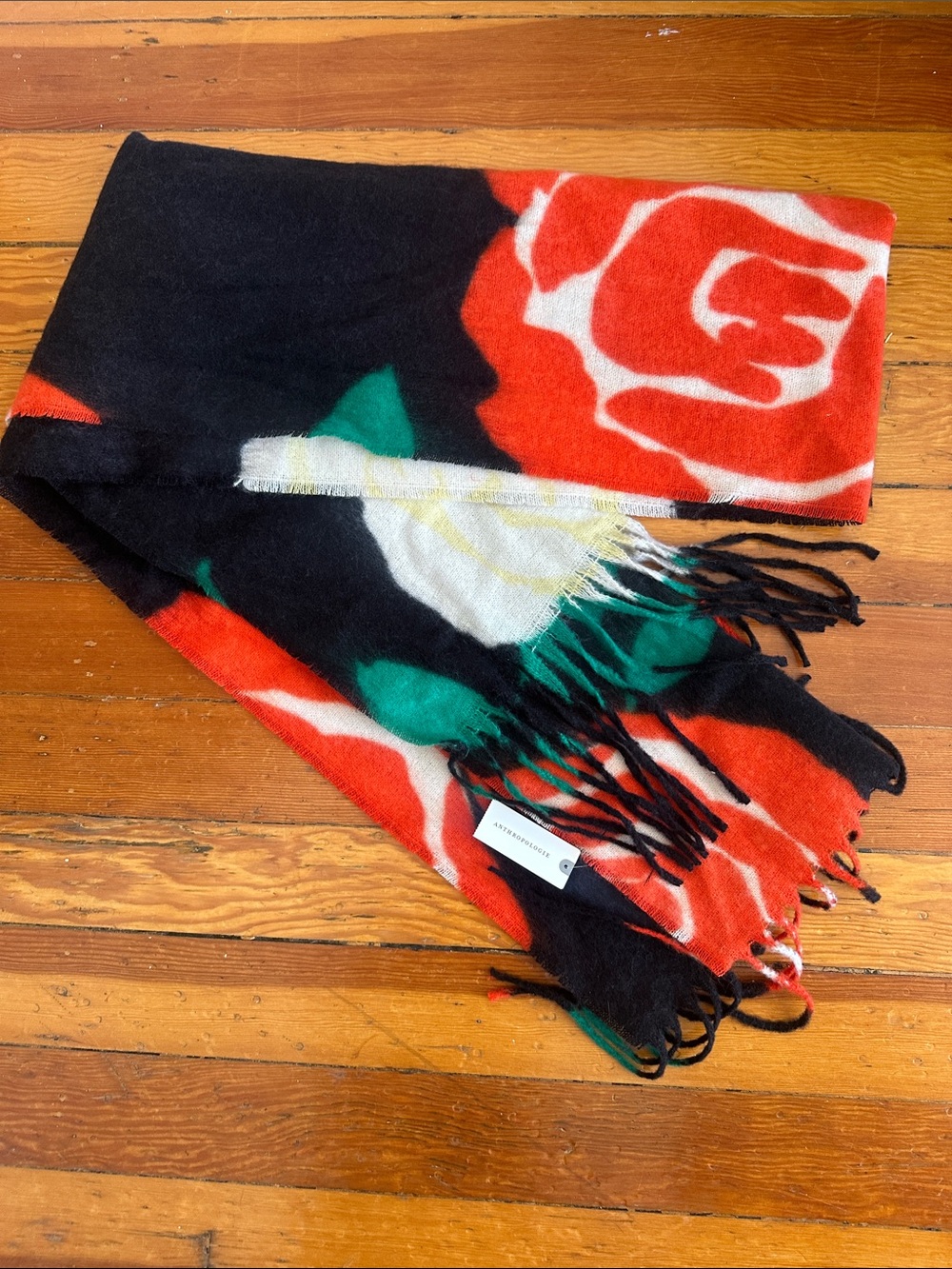 Anthropologie Black Scarf with Red, Green & White Floral Print